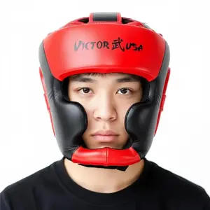 LEATHER BOXING HEADGEAR MMA SPARRING KICKBOXING RED-BLACK