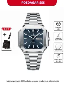 Poedagar Luxury Men's Waterproof Quartz Watch with Luminous Date Display, Casual Stainless Steel Square Men's Quartz Watch, Suitable for Daily Wear and Preferred Gift Giving, Casual Trendy Wristwatch