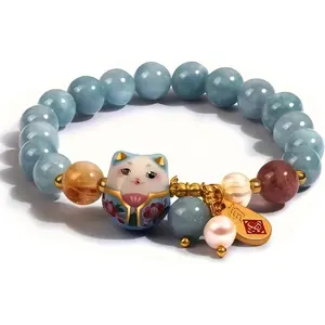 Lucky Cat Bracelet with Blue Crystal Ceramic Cat Pendant Feng Shui Good Luck Jewelry for Women Wealth Protection 5.9 Inches Comfortable Fit Handcrafted Unique Gift