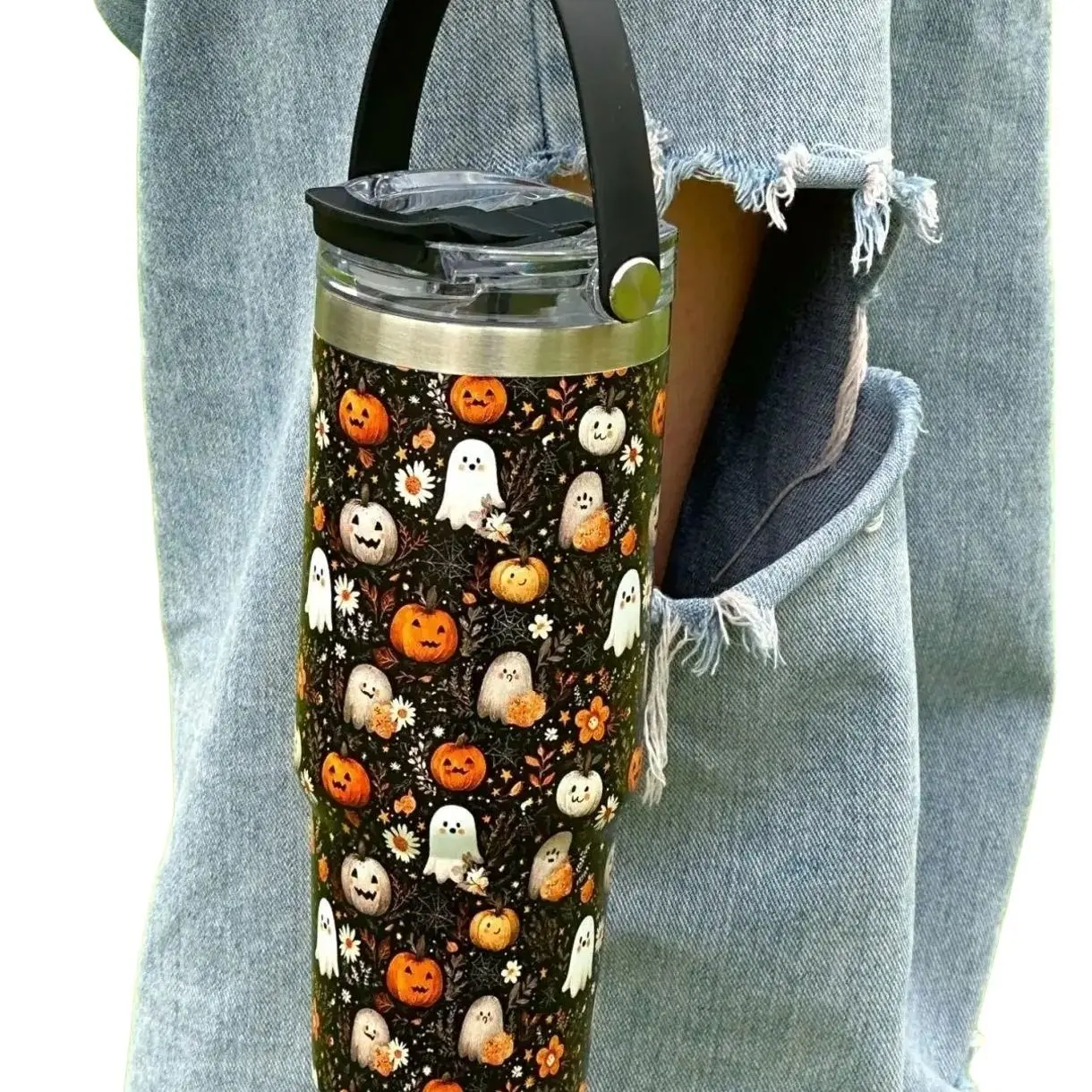 1 Pc 30oz insulated mug, Insulated, Drinkware Tumbler, double wall vacuum cup, Insulated water cup, Halloween ghost pattern, leak-proof lid, keeps warm 12h cold 24h, fall holiday tumbler gift for women men, spooky style for October decor