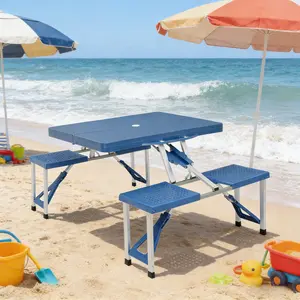 Siamese Folding Tables and Chairs Set Durable Plastic PS Thickening for Outdoor Picnic Camping Beach Party Modern Foldable Design Blue Color Portable and Lightweight