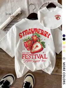 Women's Strawberry Print Round Neck Tee, Fashion Casual Crewneck T-shirt for Daily Holiday Vacation Outdoor Wear, Ladies Clothes for Summer, Top