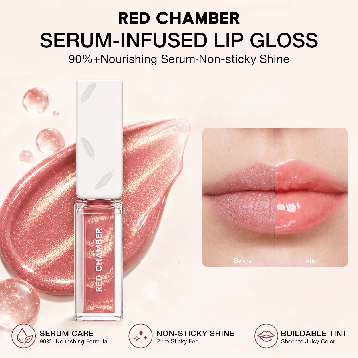 RED CHAMBER HARUKI Silken Nourish Gloss - 90%+ Nourishing Serum Tinted Lip Gloss, Non-Sticky High-Shine Dewy Finish, Hydrating Long-Lasting Lip Care, Lightweight Buildable Color for Dry Lips