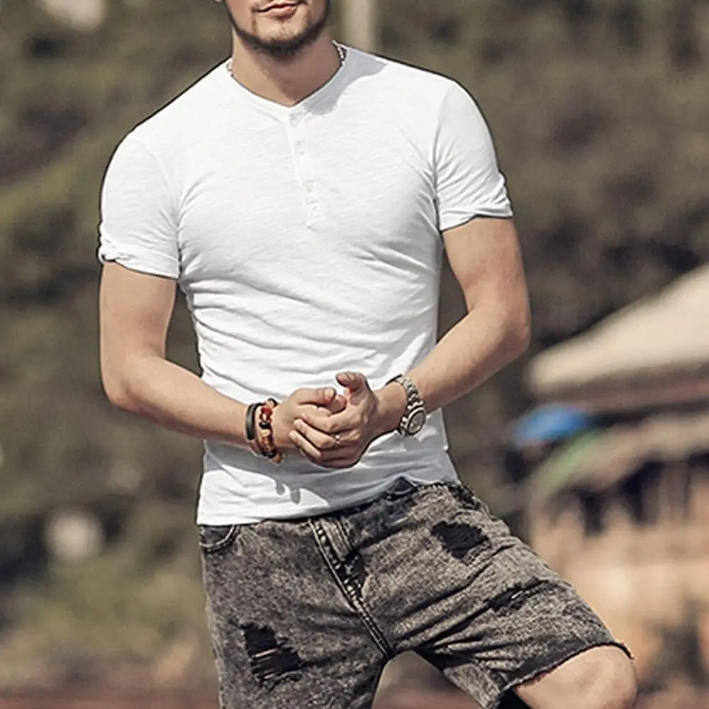 Mens Cotton Muscle Slim Fitted Sport Henley T-Shirt with Button Mens Cotton Muscle Slim Fitted Sport Henley T-Shirt with Button
