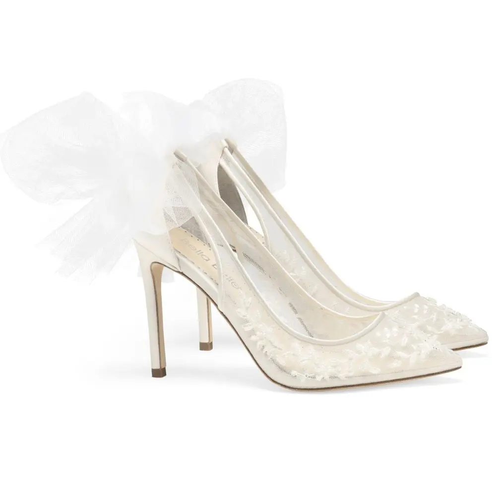 EDNA 4-Inch Ivory Lace Heels with Removable Ankle Straps and Bows