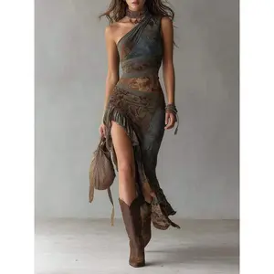 2026 New European And American Style Retro Patchwork Printed Asymmetrical Long Dress Slim Fit High Slit Dress