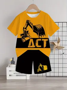 Boys Fashion 3D Print Excavator Letter Pattern Set, Outdoor Short Sleeve T-Shirt Shorts Two-Piece Set, Suitable for Outdoor Activities