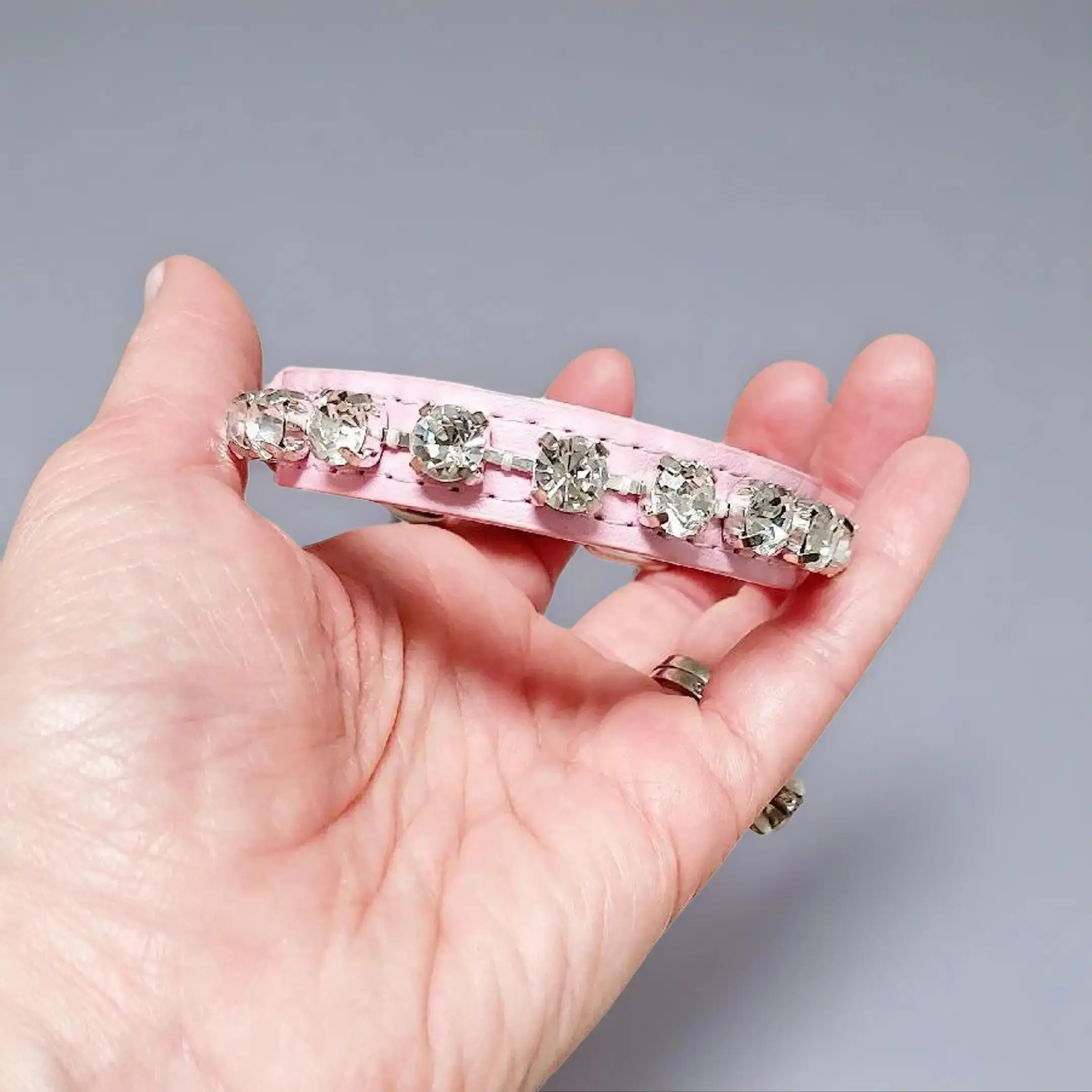 Snowy Pet Jewelry Pink Mini Dog Collar with White Crystal Diamonds Fits Neck 7-1/2" to 11" Hand Stitched Leatherette Collar for Indoor Use