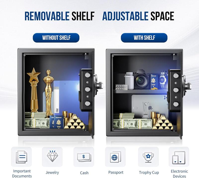 Large Home Safe Box 2.0 Cub Biometric Safe Fingerprint Recogntion Security Safe with Removable Shelf LED Light Fireproof Bag Wall Mount Cabinet Safe for Home Office Hotel