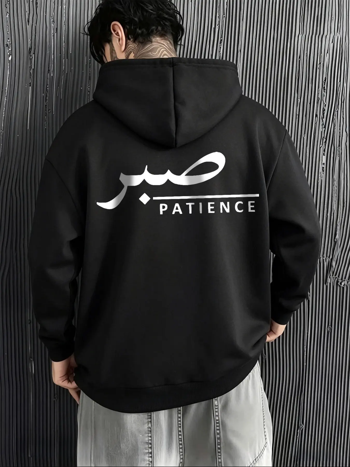Men's Streetwear Printed Hoodie with Arabic Letter Print, Loose Fit Drop Shoulder Design, Casual Style for Daily Wear