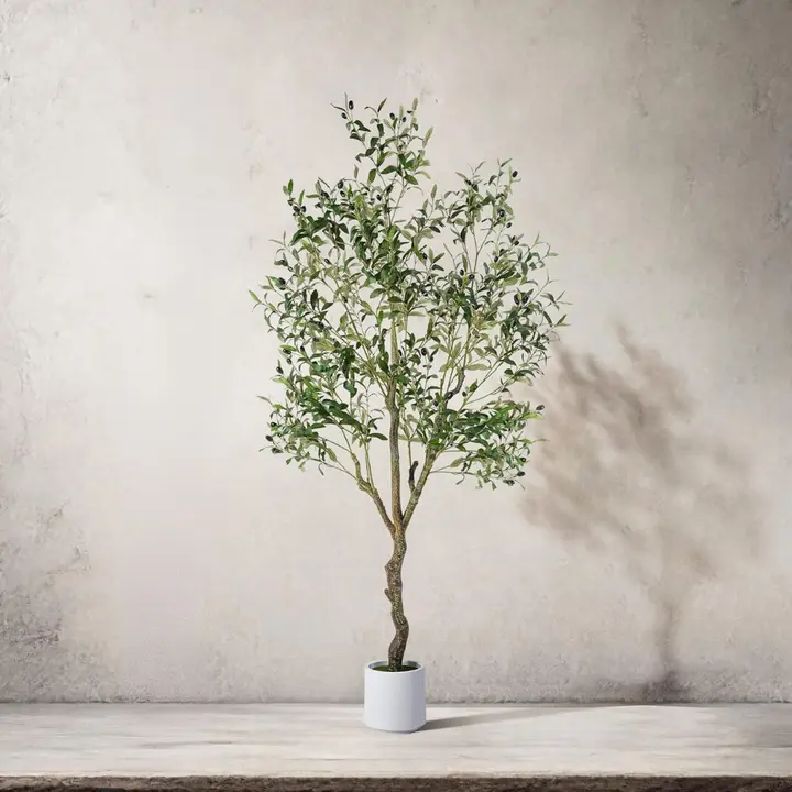 5ft Long-Lasting Silk Artificial Olive Tree Decor - 4ft Sturdy Thick Trunk, Lifelike Fruit, Faux Potted Plant with Ceramic Planter for Home Entryway, Office Decor