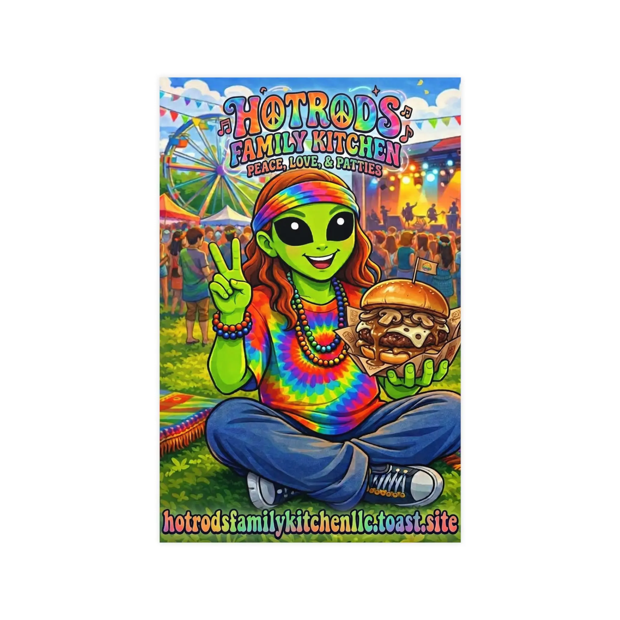 Alien Hippie Peace Sign Holding Burger poster | Matte Poster
