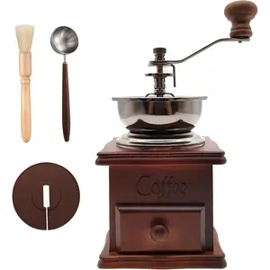 wooden handcrafted coffee grinder, ceramic hand-cranked crank, wooden handcrafted coffee grinder cleaning brush, coffee measuring spoon, dust cover (7.4 x 3.3 x 6.2 inches)