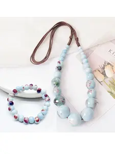 Boho Handmade Ceramic Bead Necklace and Bracelet Set, Ethnic Braided Pendant, Perfect Gift for Holidays, All-Season Jewelry