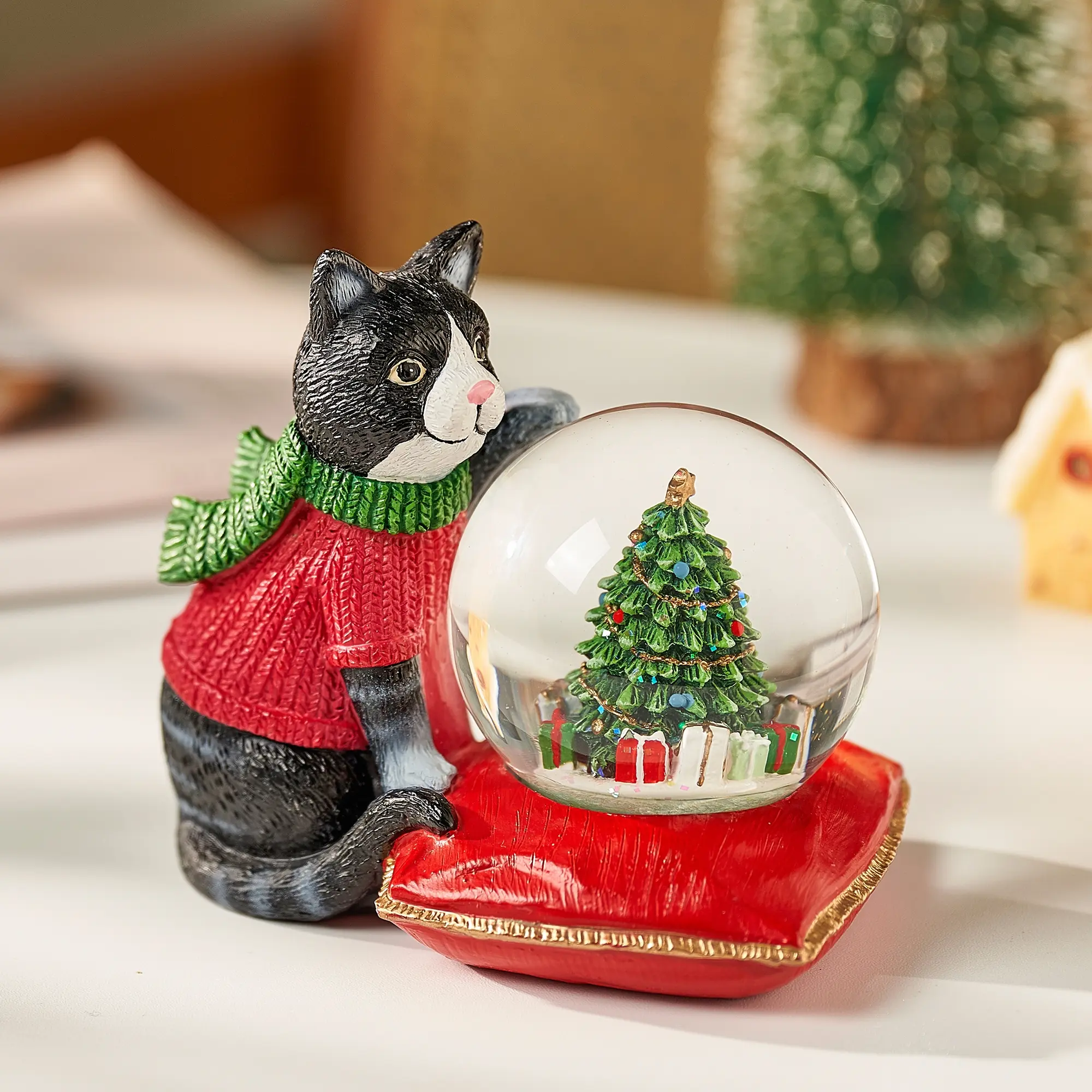 Cat Christmas Tree Crystal Ball Healing Figurine, Holiday Decor Gift, Birthday Present, Unique Ornament