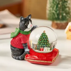 Cat Christmas Tree Crystal Ball Healing Figurine, Holiday Decor Gift, Birthday Present, Unique Ornament