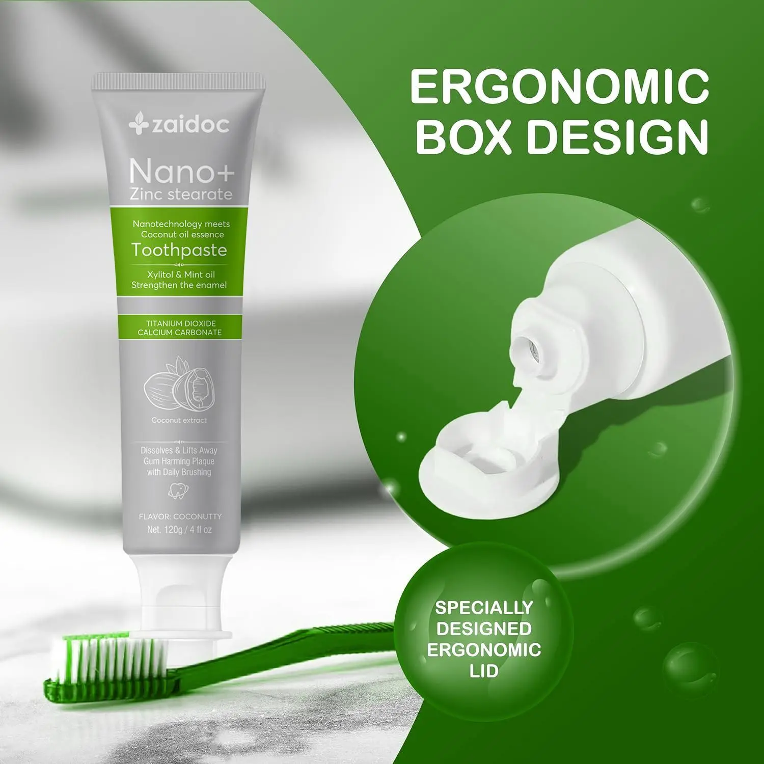 Zaidoc Nano+ Zinc Stearate Toothpaste with Natural Coconut Extract for Long Lasting Soft Care Fresh Breath 120g Triple Brightening Probiotic Oral Health Support