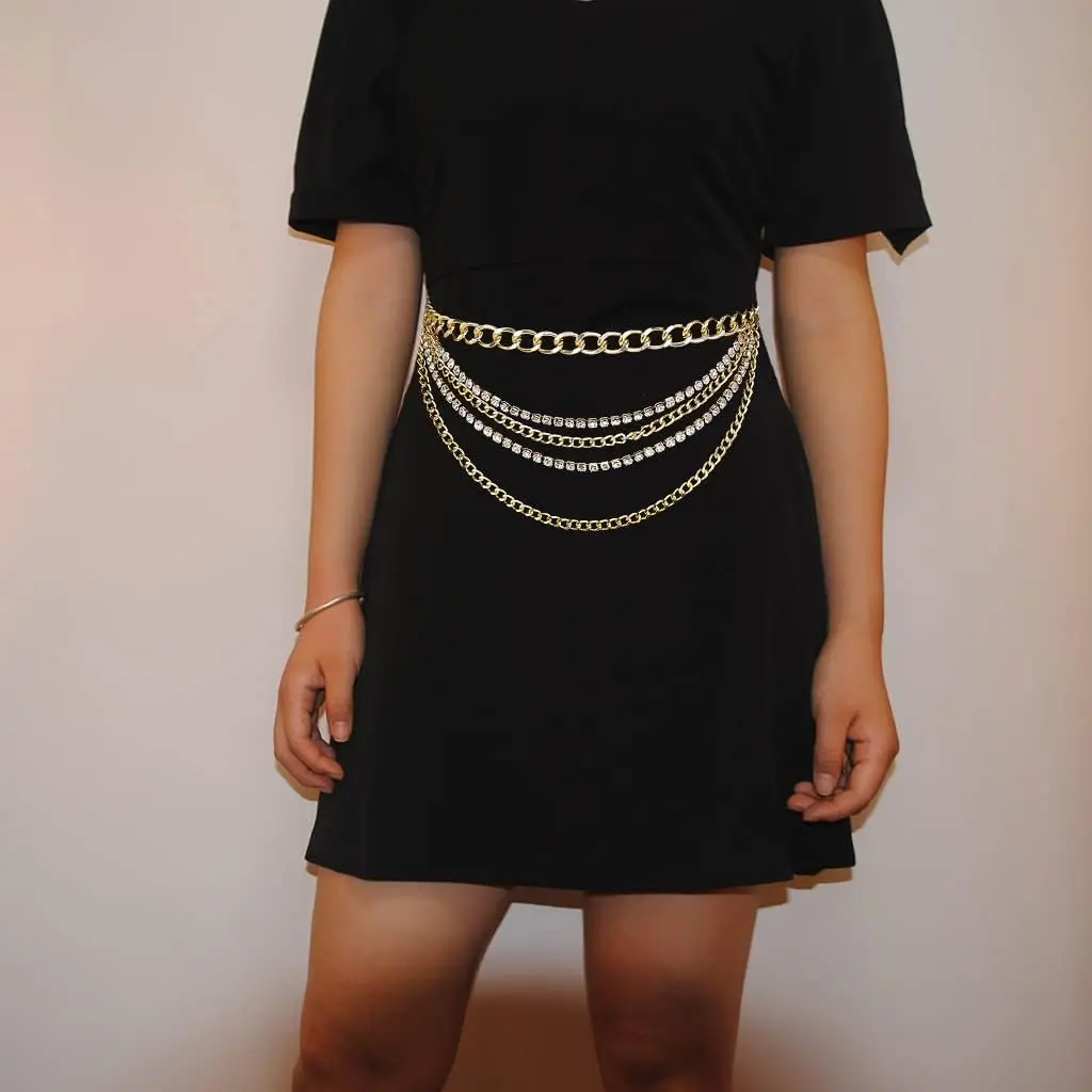 Women's Punk Gold Multilayer Rhinestone Metal Chain Belt for Waist