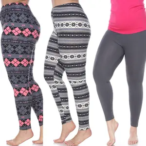 212 MAIN Women's Plus Size Polyester Spandex Leggings - Pack of 3 (White, Marks, Black), Soft Comfortable Fabric, Geometric Design, Professional Sports Clothing Complement