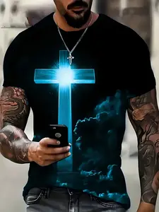 Retro men's T-shirt 3D printed cross T-shirt summer short sleeved top casual streetwear oversized T-shirt men's blue clothes