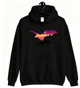 Men's Unisex Long-Sleeve Casual Hoodie Tops - Flying Eagle Silhouette, Surreal Aurora Sky Design
