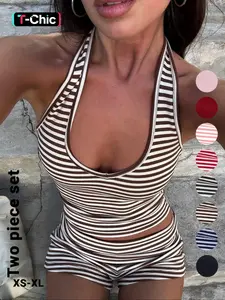 Women's Casual Striped Halter Neck Crop Top & Shorts Set, Summer Fitted Two-Piece, Regular Length, Moderate Fabric Thickness, Womenswear