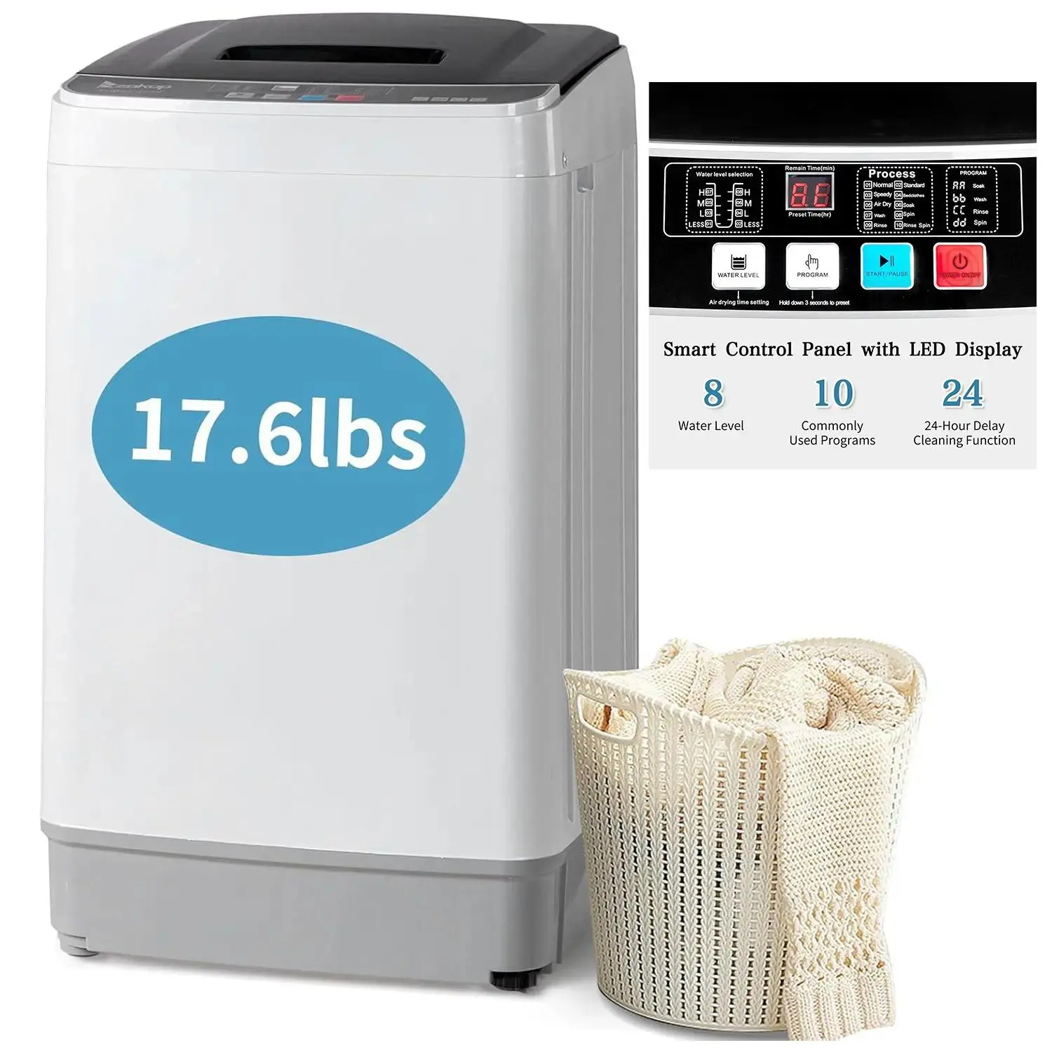 2026 New Full Automatic Washing Machine - 17.6Lbs Top Load Portable Mini Washer with Drain Pump, 10 Wash Programs, 8 Water Levels, 2-in-1 Washer Dryer for Apartments, RV Camping, Portable Washing Machine