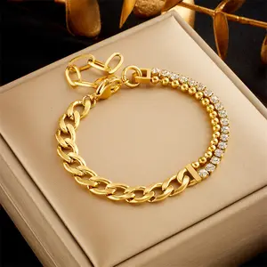 Asymmetric Diamond-Studded Double-Layer Thick Chain Titanium Steel Metal Punk Hip-Hop Simple Versatile Jewelry Bracelet