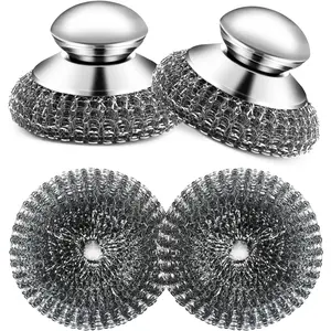 2Pack Stainless Steel Wool Scrubber with Handle, Scrubbing Scouring Brush Pads for Cleaning, Dish Scrubbers Tools for Can Clean Stoves, Wash Sink
