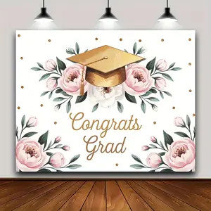 Elegant Polyester Graduation Floral Backdrop with Pink Flowers & Green Leaves - "Congrats GRAD" Design with Cap & Diploma, Perfect for Party Photoshoots & Cake Table Decor, Graduation Party Decorations