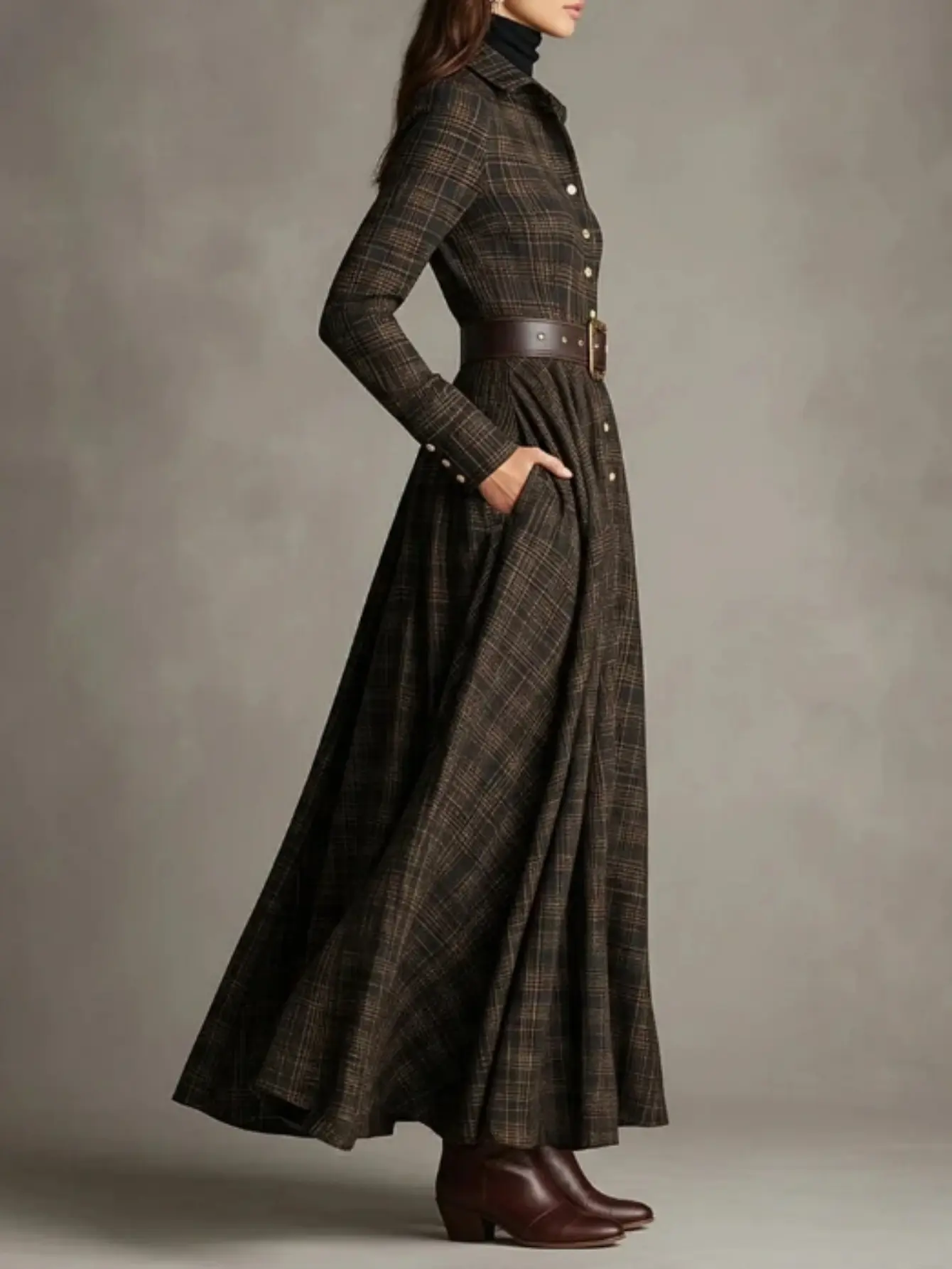Vintage long-sleeve autumn/winter dress with color-block plaid print, shirt collar and button details, elegant design, no belt