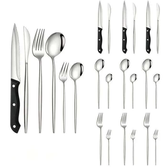 24-Piece Stainless Steel Cutlery Set with Steak Knives Dinner Knife, Fork and Spoon Set, Mirror Polished Finish, Dishwasher Safe, Ergonomic Handle, for Daily Use Lightweight Sturdy