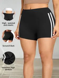 Women's Plus Size Shorts, Side Stripe Design, Tight-Fitting Shorts for Sports Yoga Casual Gatherings, Summer Fashion Three-Quarter Shorts, Athletic Yoga Shorts