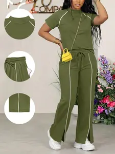 Women’s army green top with white stripes, mock neck and short sleeves + drawstring wide-leg pants with slits set, casual athletic two-piece set with pockets
