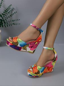 summer floral print buckle decorated wedge sandals for women, platform wedge shoes, peep toe high heel sandals for beach vacation, fashionable shoes for summer, bohemian sandals