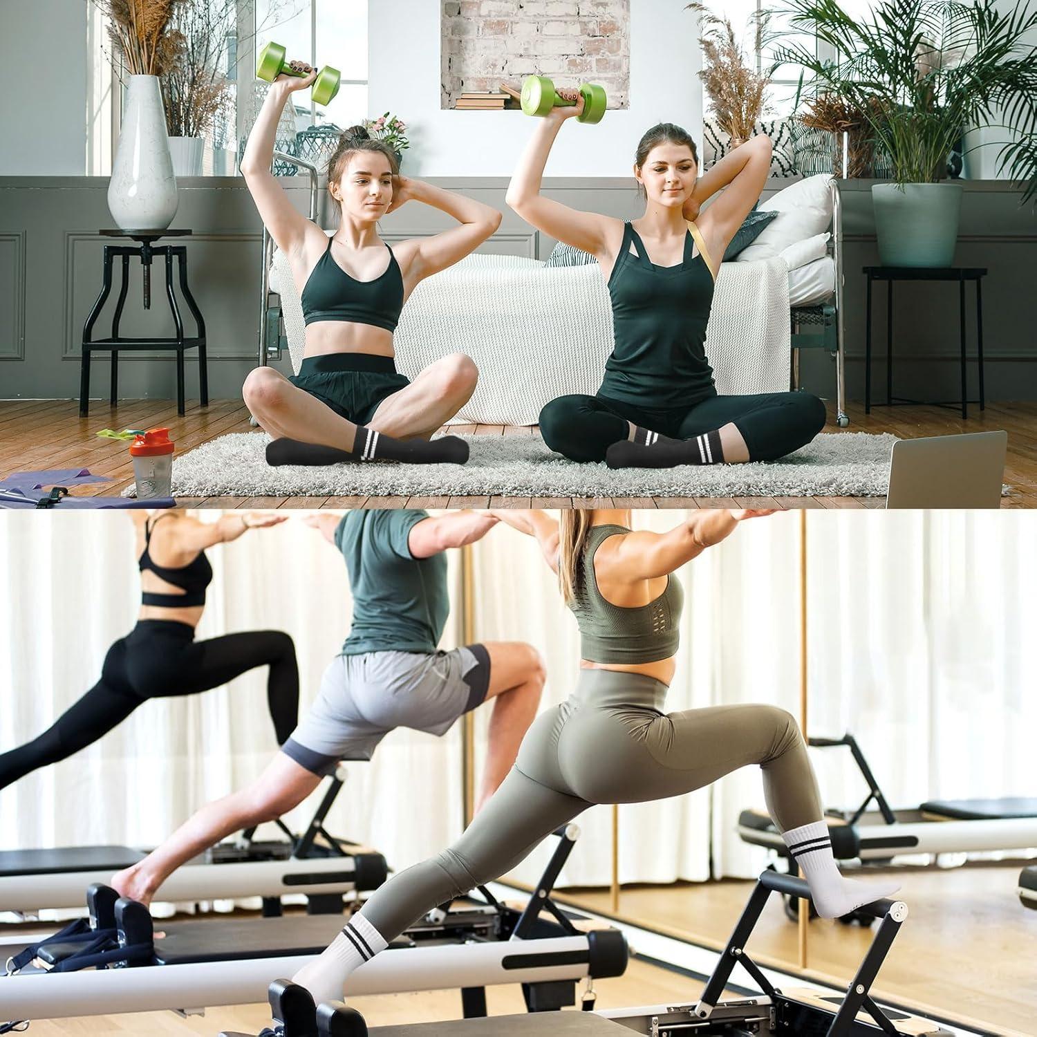 Women's Non Slip Pilates Socks - 4 Pairs of Athletic Yoga Crew Socks with Grippers for Barre, Hospital, and Home Use - Soft Cotton-Polyester Blend with Mesh Ventilation for Comfort and Stability - Cute