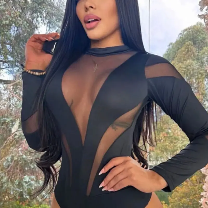 Black Body Suit with See-Thru Spots Throughout the Body 100% Colombian Sexy  Long Sleeve V-Neck Bodysuit Womenswear - TikTok Shop