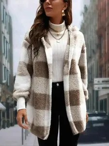 Women's Plaid Print Drop Shoulder Hooded Fuzzy Jacket, Casual Long Sleeve Open Front Outerwear for Fall & Winter, Fur Coat, Wear Clothing Daily, Cardigan Fit, Cozy Comfort, Street Style, Outdoor, Modern