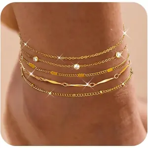 Gold Ankle Bracelets for Women - 14k Gold Plated Anklets Waterproof Stainless Steel Layered Heart Cuban Link Chain Herringbone Anklets for Women Summer Beach Jewelry Gift Adjustable Size 5pc