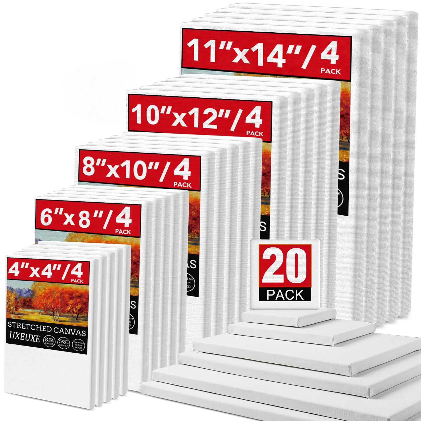 20-Pack Multi-Size Tight Painting Canvas - Art Craft Supplies with 4 Sheets Each of 11×14in,10×12in,8×10in,6×8in,4×4in, Blank Primed Surfaces for Paint/Acrylics, Painting Base for Beginners