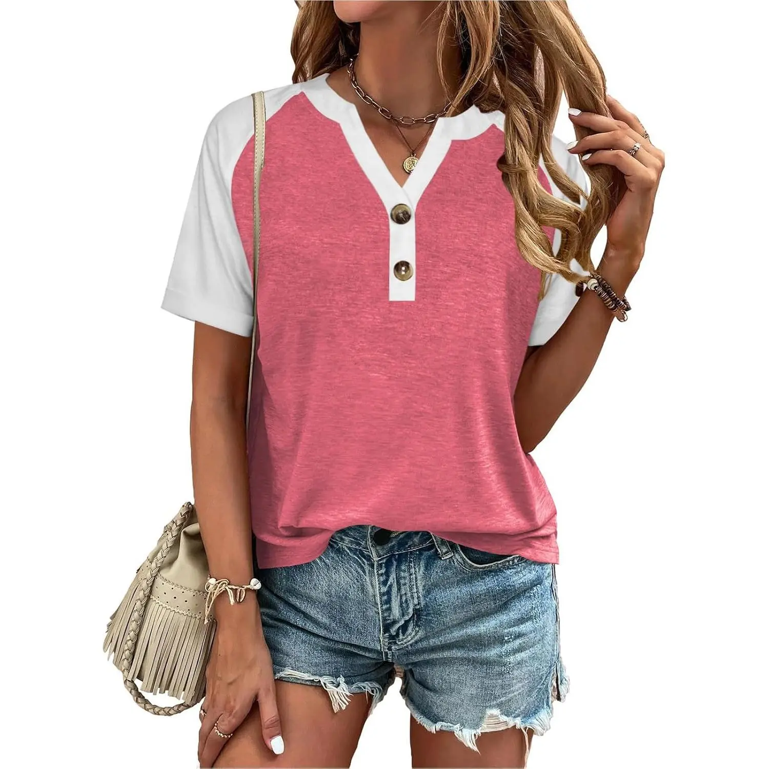 Women's V Neck Button Down T-Shirt, Casual Color Block Short Sleeve Top, Comfortable Loose Fit Rayon Blend, Shortsleeve, Baseball, Caps, Elegant