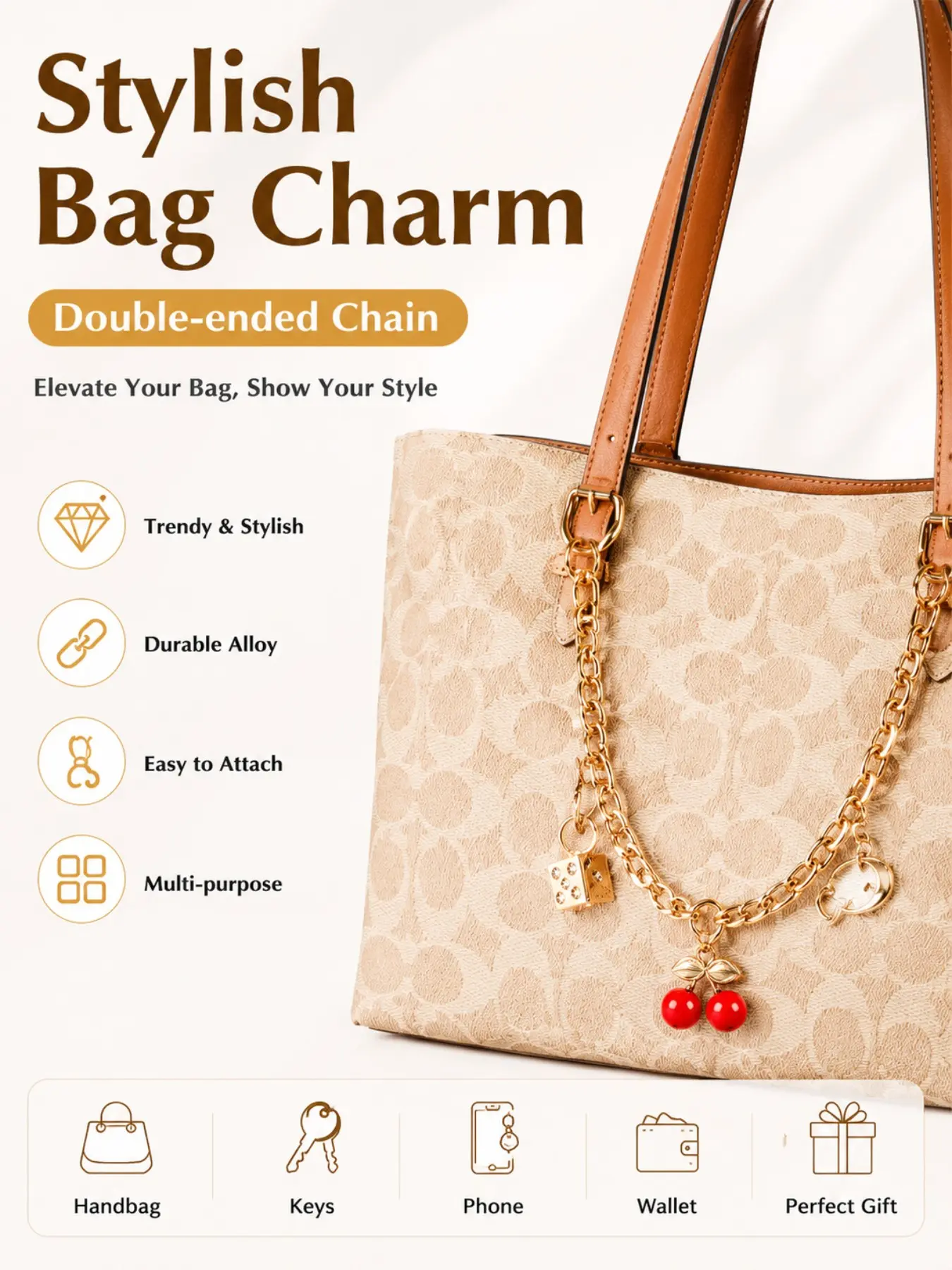 LUVTAG 1Pcs Ins Style Handmade Double-Headed Chain Bag Charm, Cute Bag Charms, Hello Kitty Cherry/ Rhinestone Alloy Keychain, Purse Charms For Handbags, Tote/Handbag/Wallet Decor Extension Chain, Birthday Valentine Gift for Women Girls