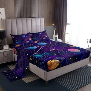 Galaxy Bed Sheet for Kids Boys Girls,Out Space Sheet Sets,Glowing Neon Solar System Fitted Sheet + Flat Sheet + Pillowcase Bedroom Decor