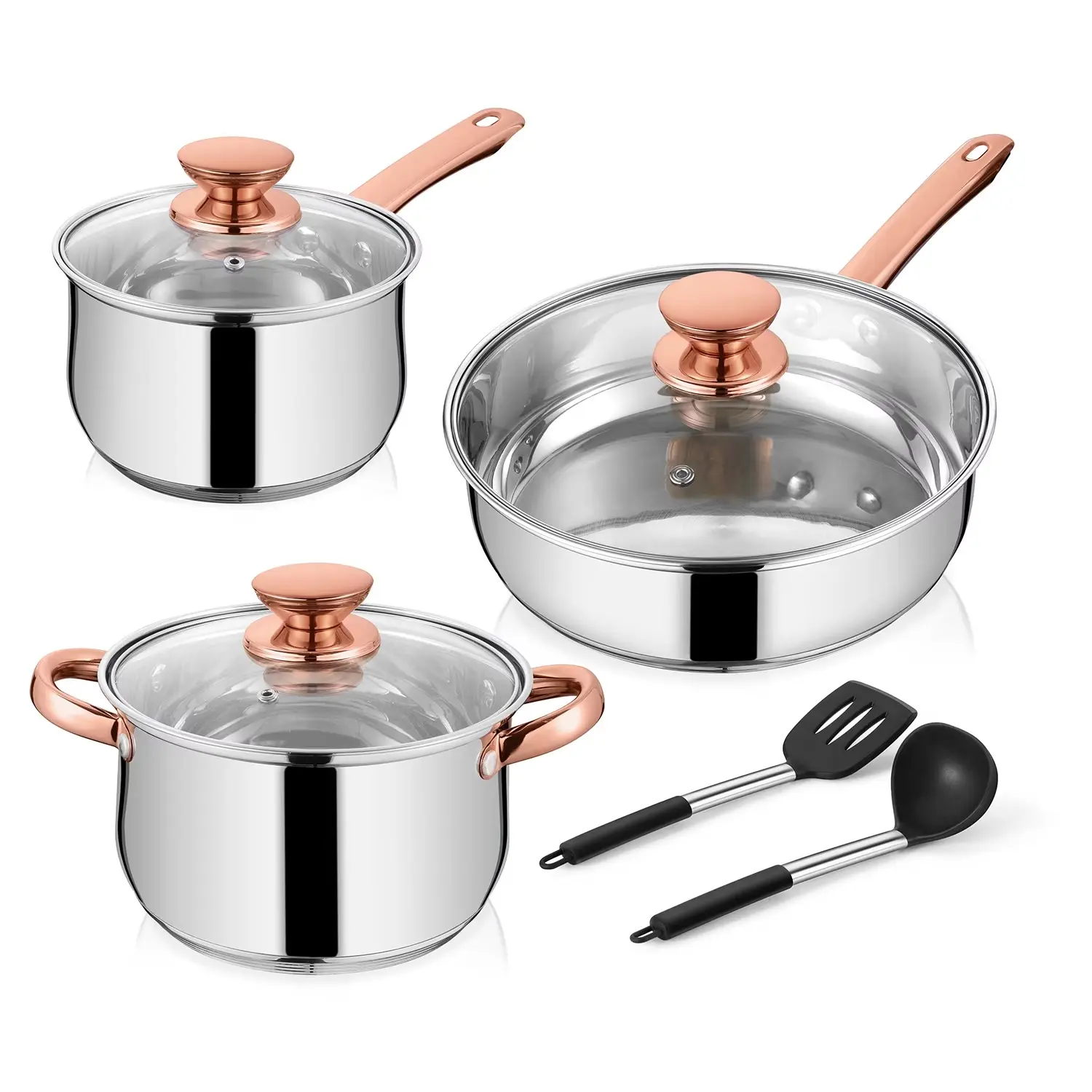 8-Piece Copper-Infused Stainless Steel Cookware Set with Frying Pans, Pots, Glass Lids & Utensils, Induction & Dishwasher Safe