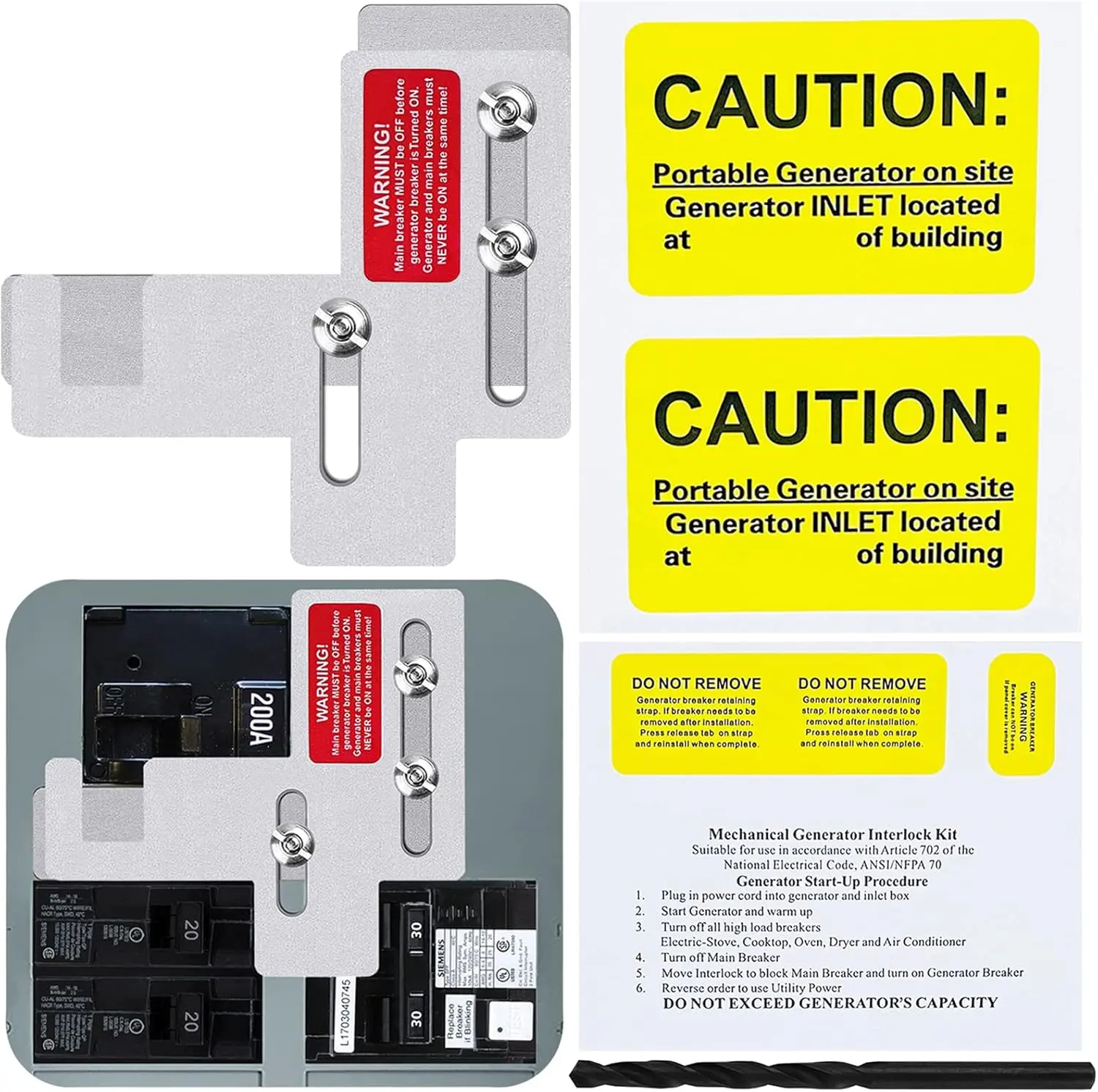 Generator Interlock Kit Compatible with Siemens or  150 or 200 Amp Panels, 7/8-1 1/4" Spacing Between Main and Branch Breakers