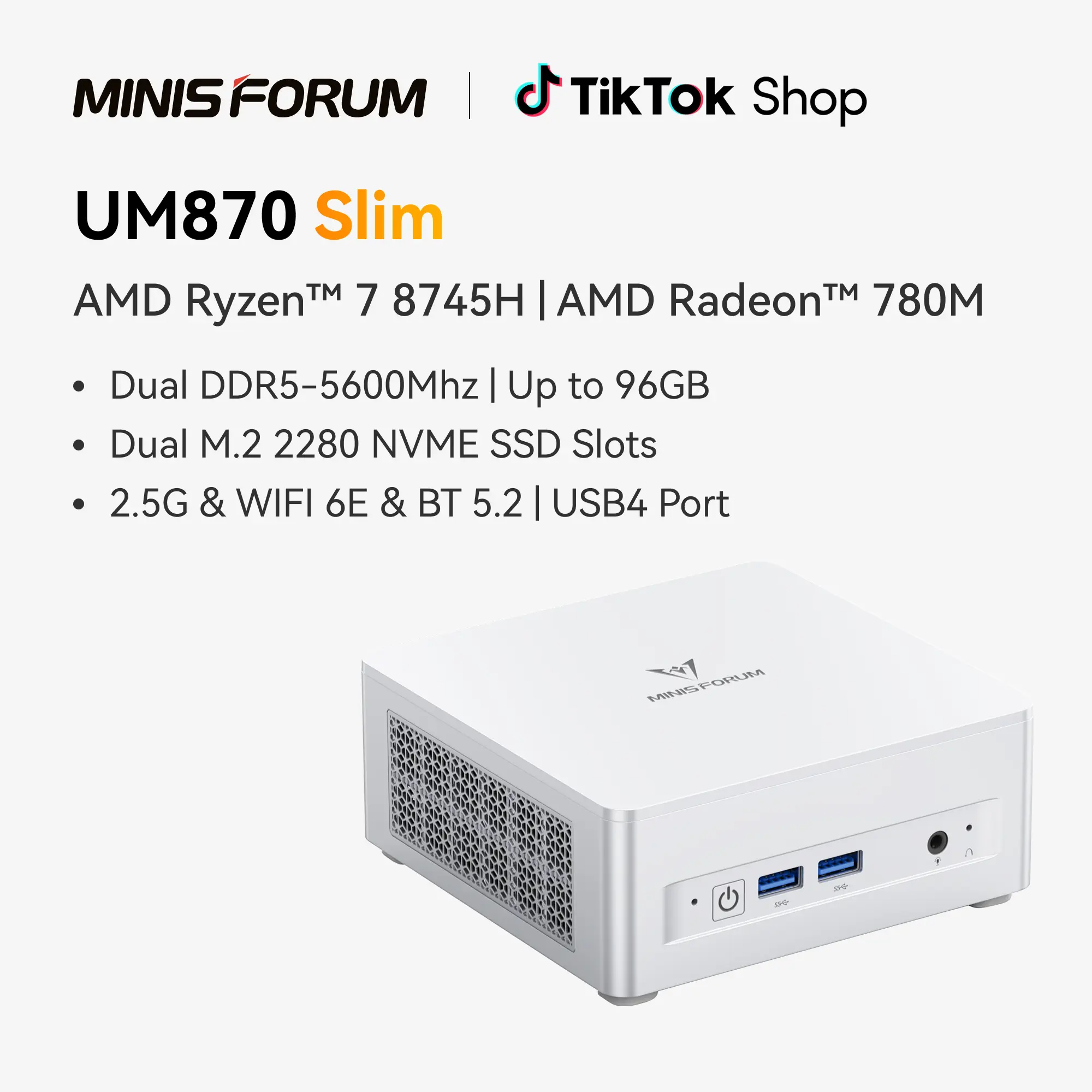 MINISFORUM UM870 Slim Mini PC AMD Ryzen 7 8745H(8C/16T), Mini Desktop Computer 32GB DDR5 RAM 1TB SSD, USB4/HDMI/DP 8K@60Hz Output, 2.5G LAN Port, 4xUSB Ports, WiFi 6E, BT5.3, AMD Radeon 780M Graphics