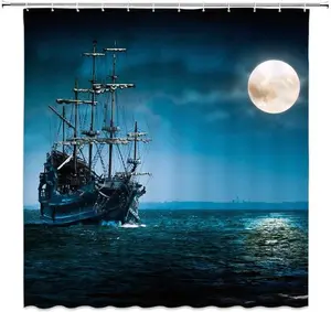 Five Piece Pirate Ship Shower Curtain Set with Full Moon Night Scene for Bathroom Decor