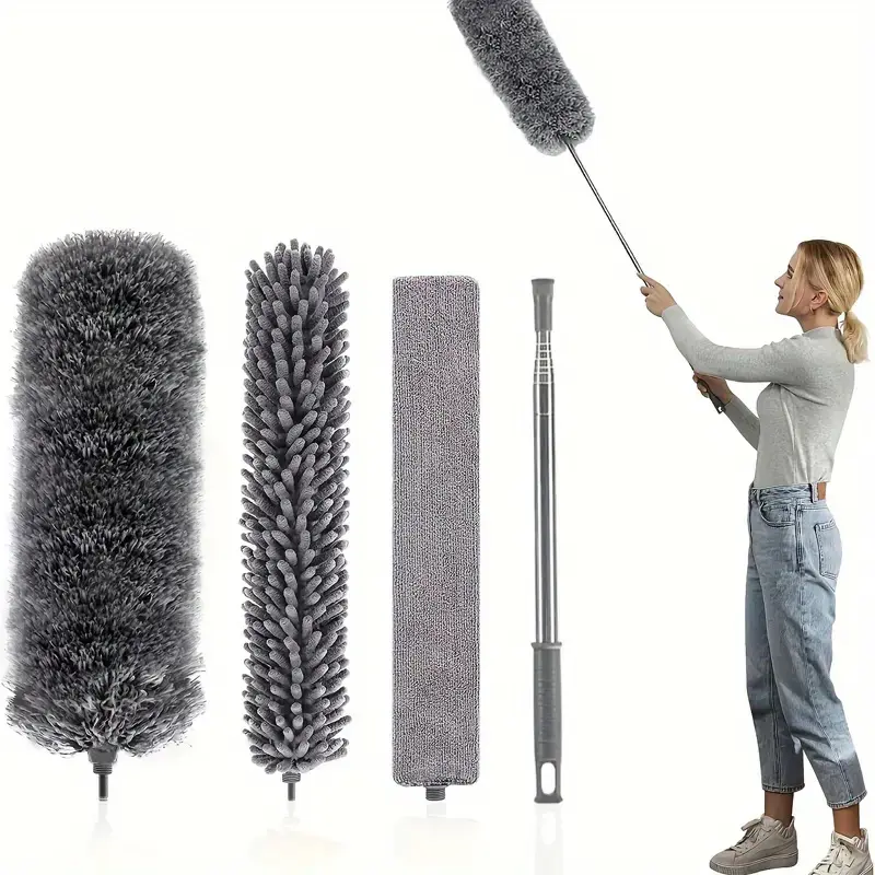 4-piece set of Adjustable, Bendable & Extendable Microfiber Duster -3 replaceable cleaning brush heads +1 retractable rod- Washable, Reusable Household Cleaning Tool for High Ceilings, Furniture, & Cars, perfect tool for sweeping spider webs under the bed