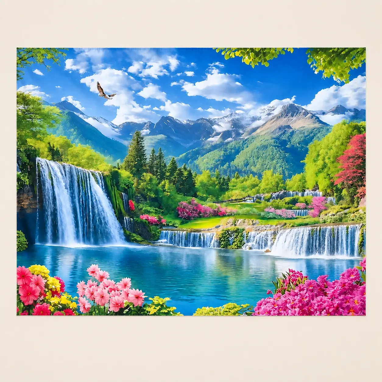1pc 2D Flat Print Banner, Colorful Mountain Waterfall Lake Landscape with Flowers, Forest and Blue Sky Scenic Nature Background, Photo Backdrop for Portrait Photography and Event Decor