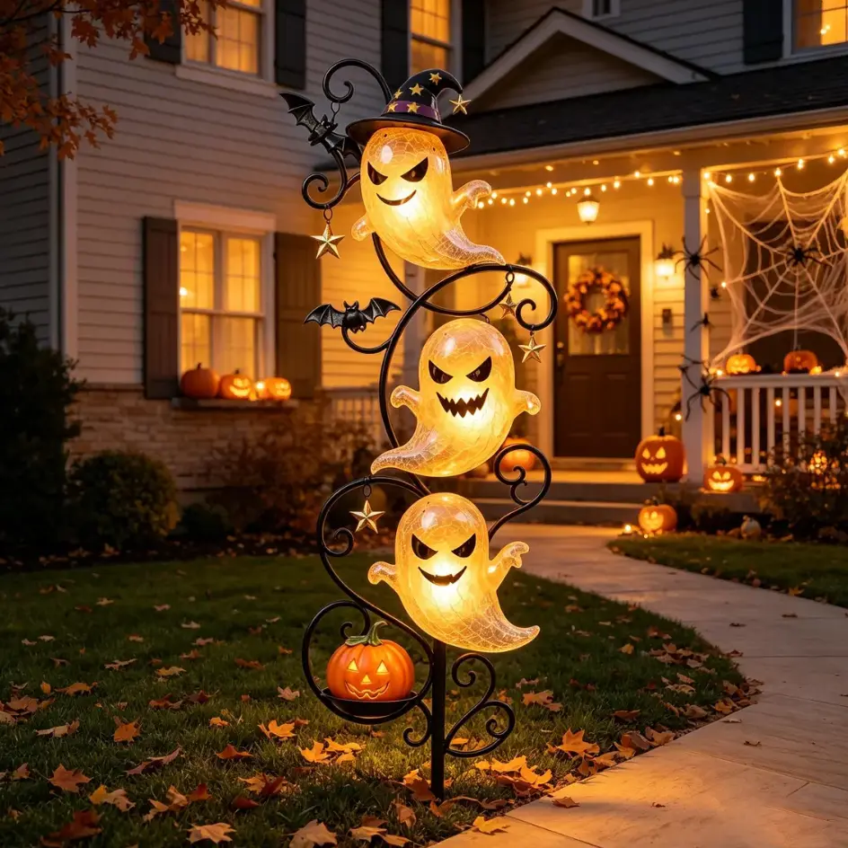 Halloween LED Triple Glowing Ghost Yard Stake with Witch Hat Bats and Pumpkin Base, Spooky Outdoor Lawn Pathway Light Holiday Party Decor Lighted Ghost Pumpkin Metal Garden Stake | Halloween LED Yard Pathway Decor | Front Lawn Porch Holiday Decoration
